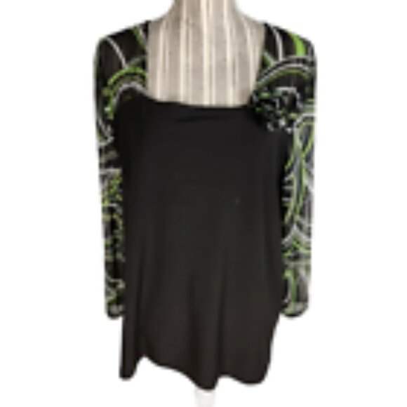 Susan Lawrence Black Green White Sheer Sleeves 3/4 Sleeve Top Plus Size 2X - Picture 1 of 8